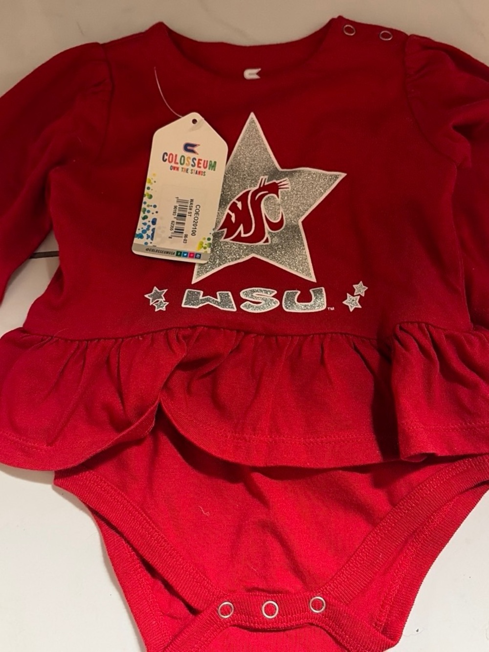Colosseum Kids Red WSU Star Ruffle Bodysuit with Silver Glitter